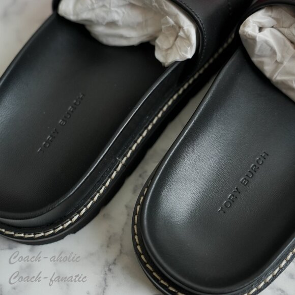 NIB Tory Burch Everly Anatomic Lug Nappa Leather Slide Sandal in Black - Picture 7 of 9